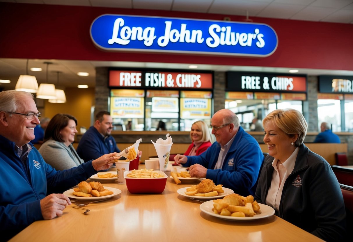 A bustling Long John Silver's restaurant with customers enjoying free Fish & Chips on a Friday promotion