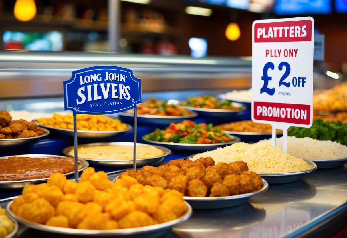 A colorful display of Long John Silver's platters with a prominent £2 Off promotion sign