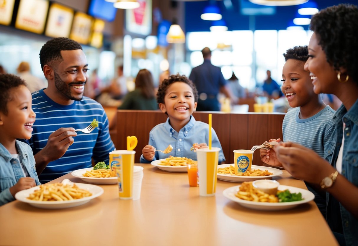 Families enjoying a meal at Long John Silver's on a Tuesday, with kids happily eating free meals and parents enjoying the promotion