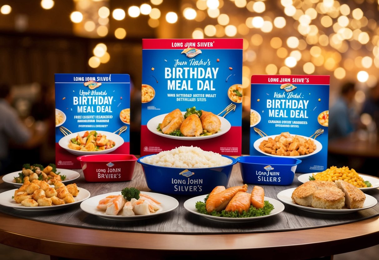 A festive table with Long John Silver's birthday meal deal promotions displayed, including various seafood dishes and sides