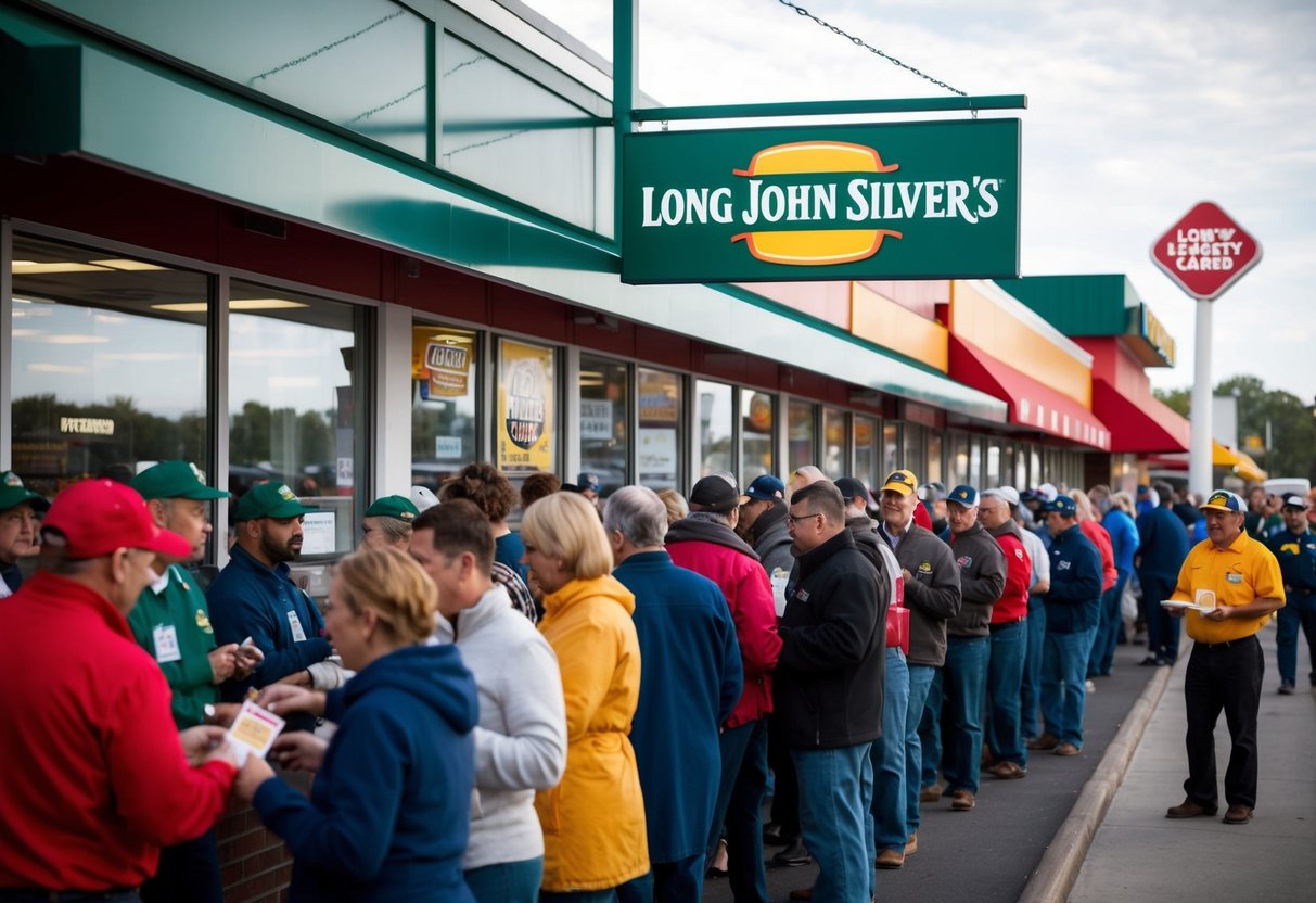 A crowded Long John Silver's restaurant with a line of customers, a promotional banner, and staff handing out loyalty cards