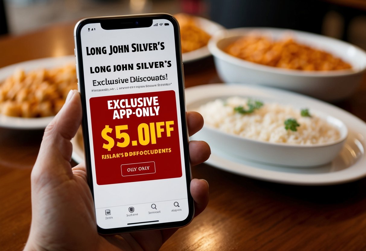 A smartphone displaying Long John Silver's exclusive app-only discounts