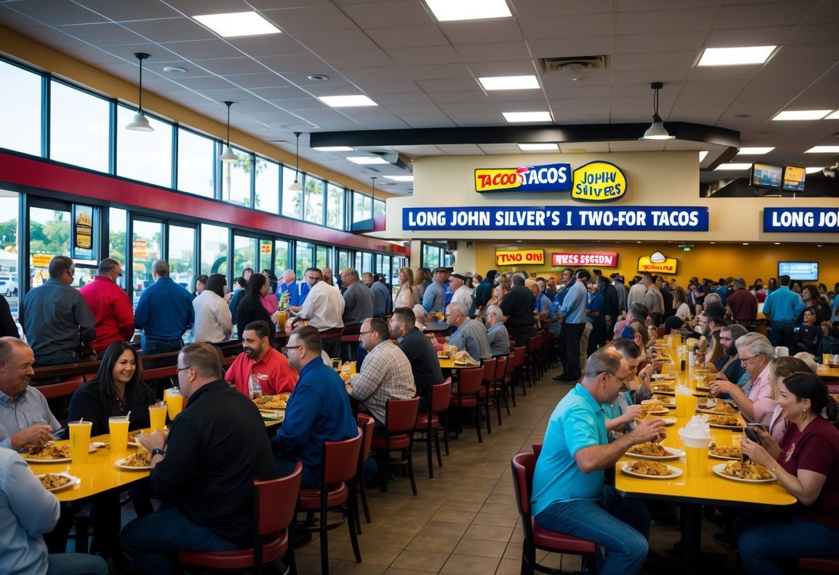 A crowded Long John Silver's restaurant with people lining up for Two-for-One Tacos Tuesday promotions. Tables filled with customers enjoying their meals