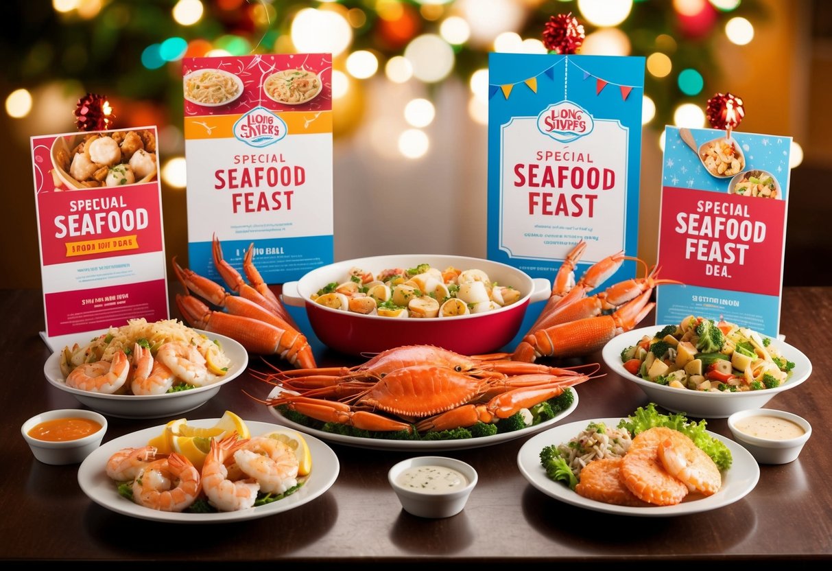 A table set with a variety of seafood dishes, including shrimp, fish, and crab legs, surrounded by festive decorations and promotional signage for Long John Silver's Special Seafood Feast Deal