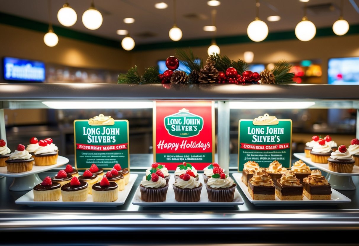 A festive display of seasonal desserts at Long John Silver's, featuring holiday-themed treats and promotional signage