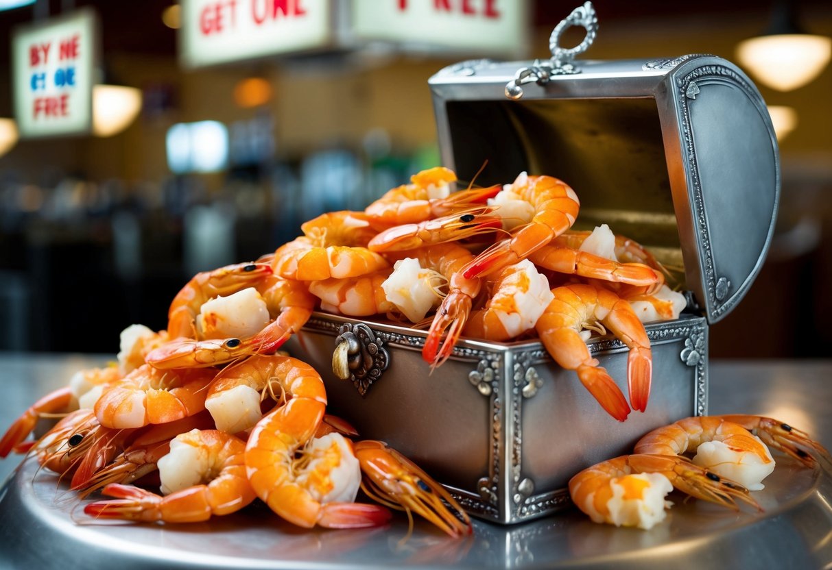 A pile of succulent prawns spill out of a silver treasure chest, with a sign overhead reading "Buy One Get One Free" at Long John Silver's