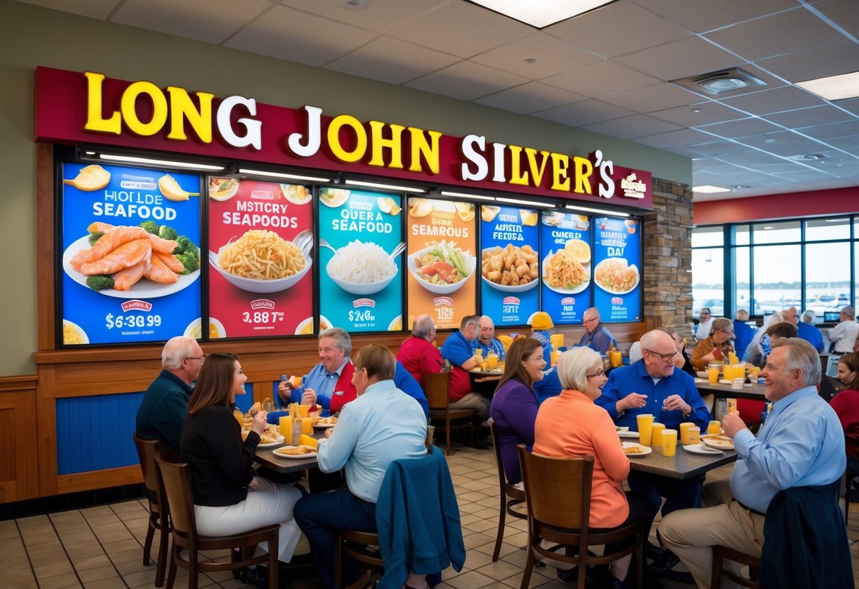 A bustling Long John Silver's restaurant with a colorful promotional display featuring various seafood items and happy customers enjoying their meals