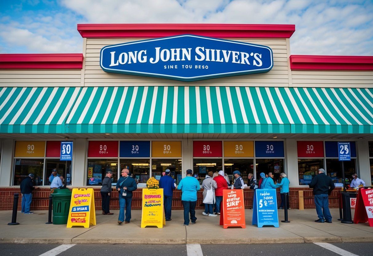 A bustling Long John Silver's location with colorful signage and customers enjoying promotional offers