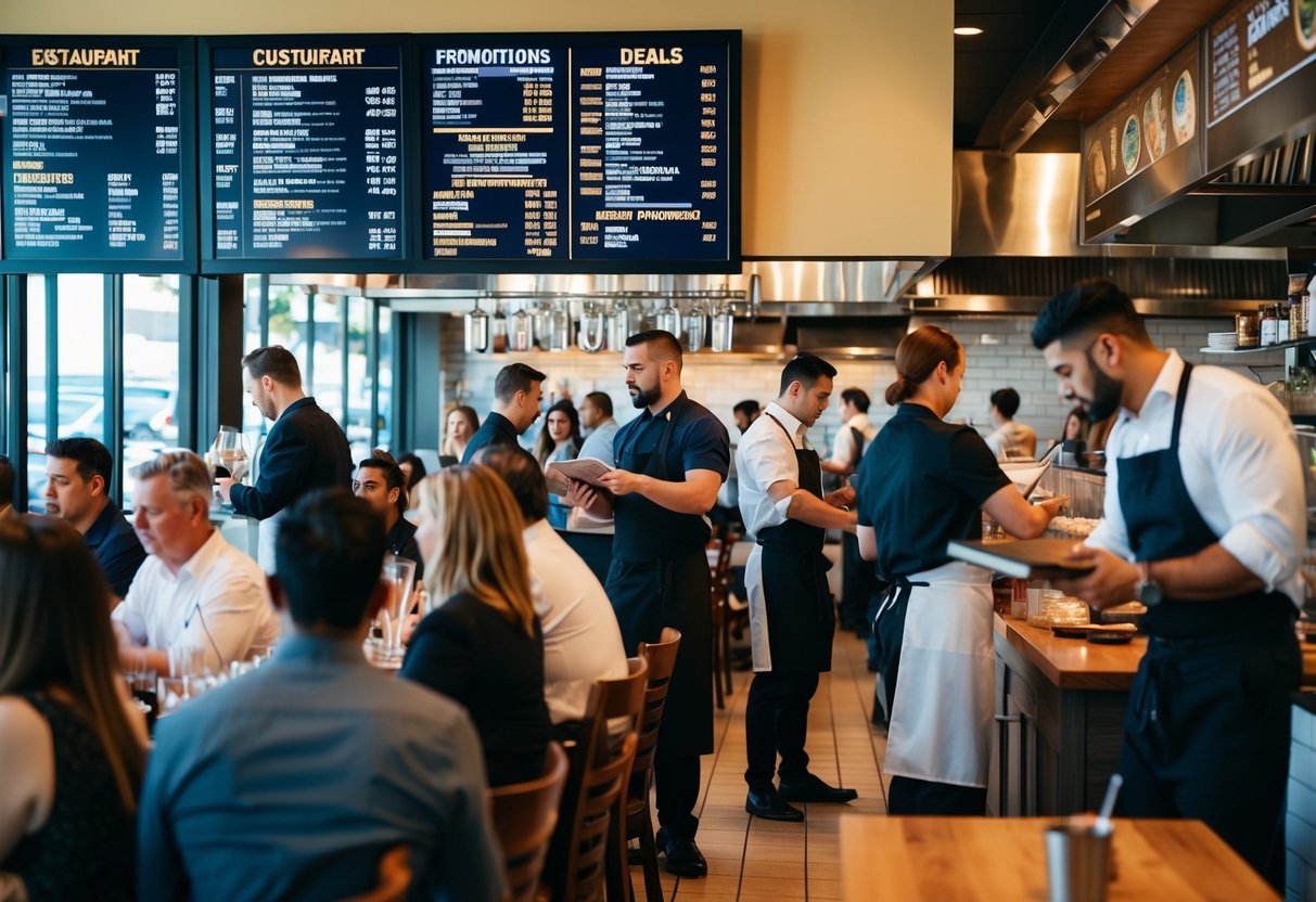 A bustling restaurant with a line of customers, a prominent menu board, and staff assisting patrons with promotions and deals