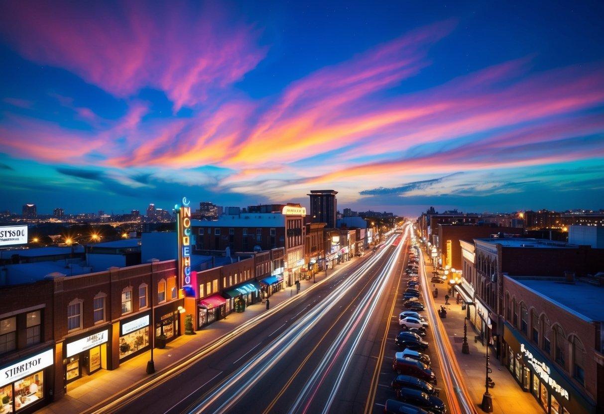 A colorful night sky with glowing neon lights illuminating a bustling city street lined with shops and entertainment venues