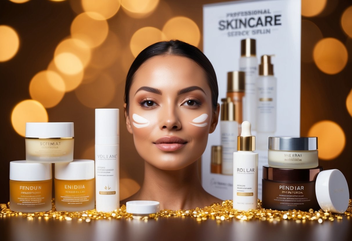 A radiant, glowing skin surrounded by various skincare products and a promotional banner