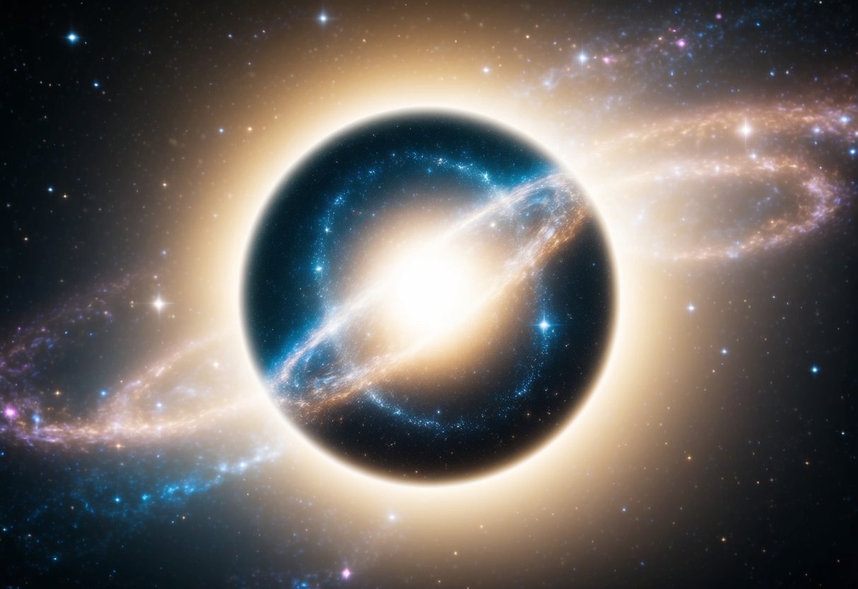 A glowing, celestial orb surrounded by shimmering stars and swirling galaxies