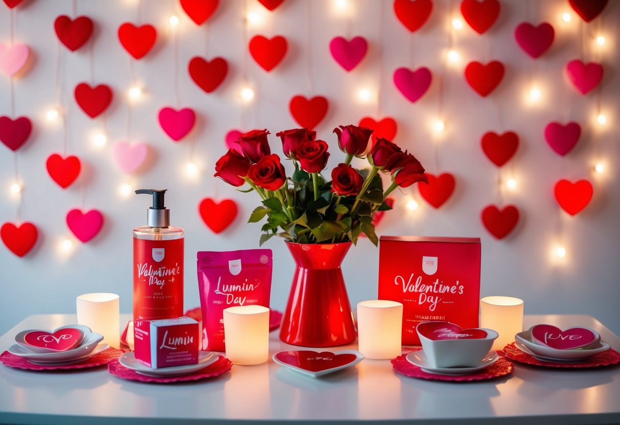 A table adorned with Valentine's Day-themed items and Lumin products, surrounded by heart-shaped decorations and soft, romantic lighting