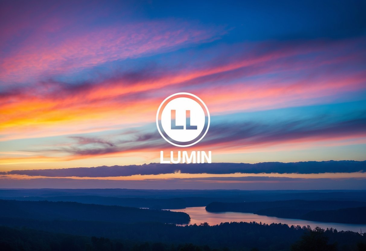 A colorful sunrise over a tranquil landscape, with a glowing Lumin logo in the sky