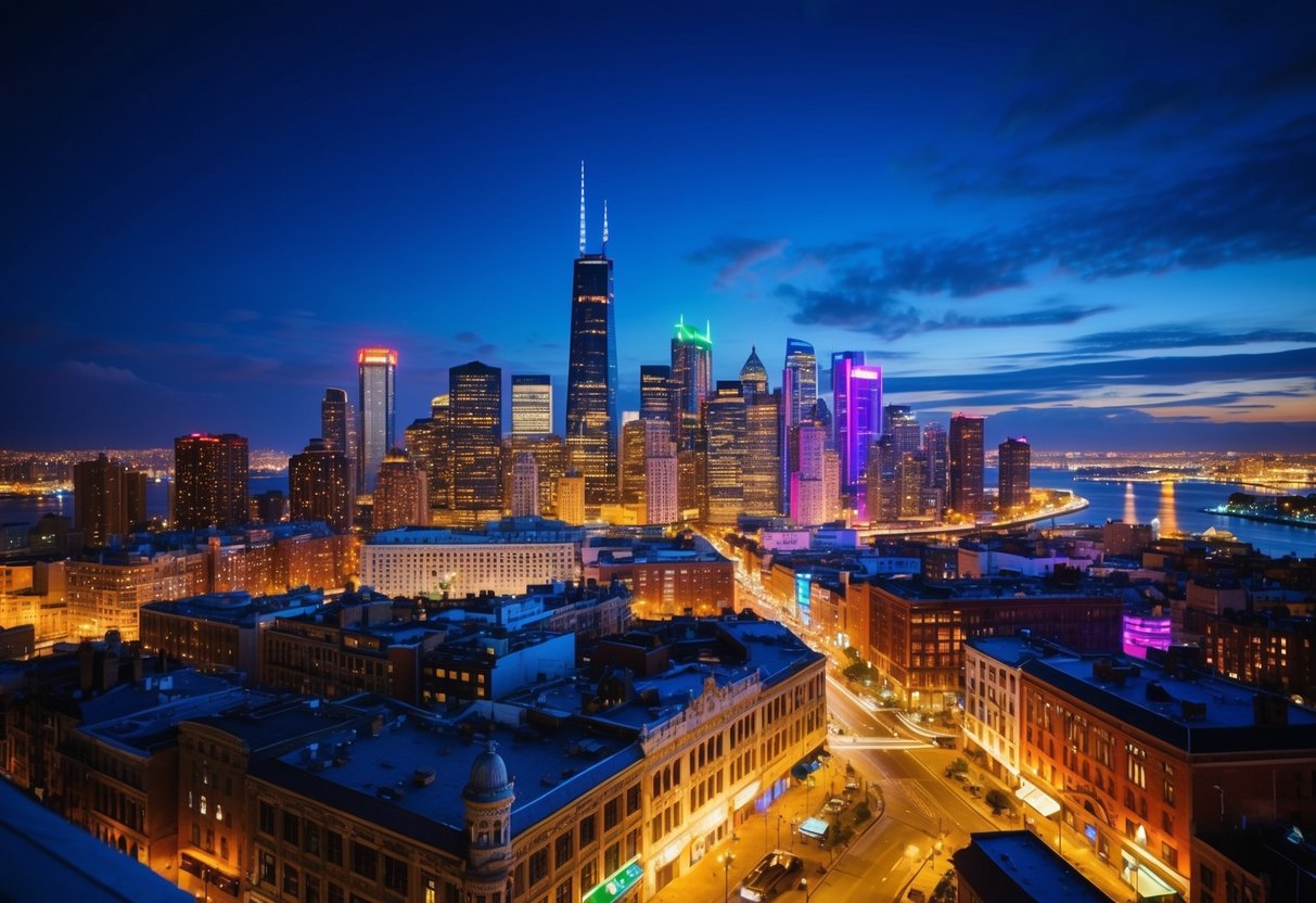 A vibrant city skyline at night, with colorful neon lights illuminating the buildings and streets below. The scene is alive with energy and excitement
