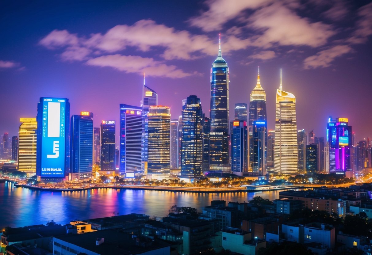 A vibrant city skyline at night with illuminated billboards and colorful lights, showcasing the impact of Lumin Promotions