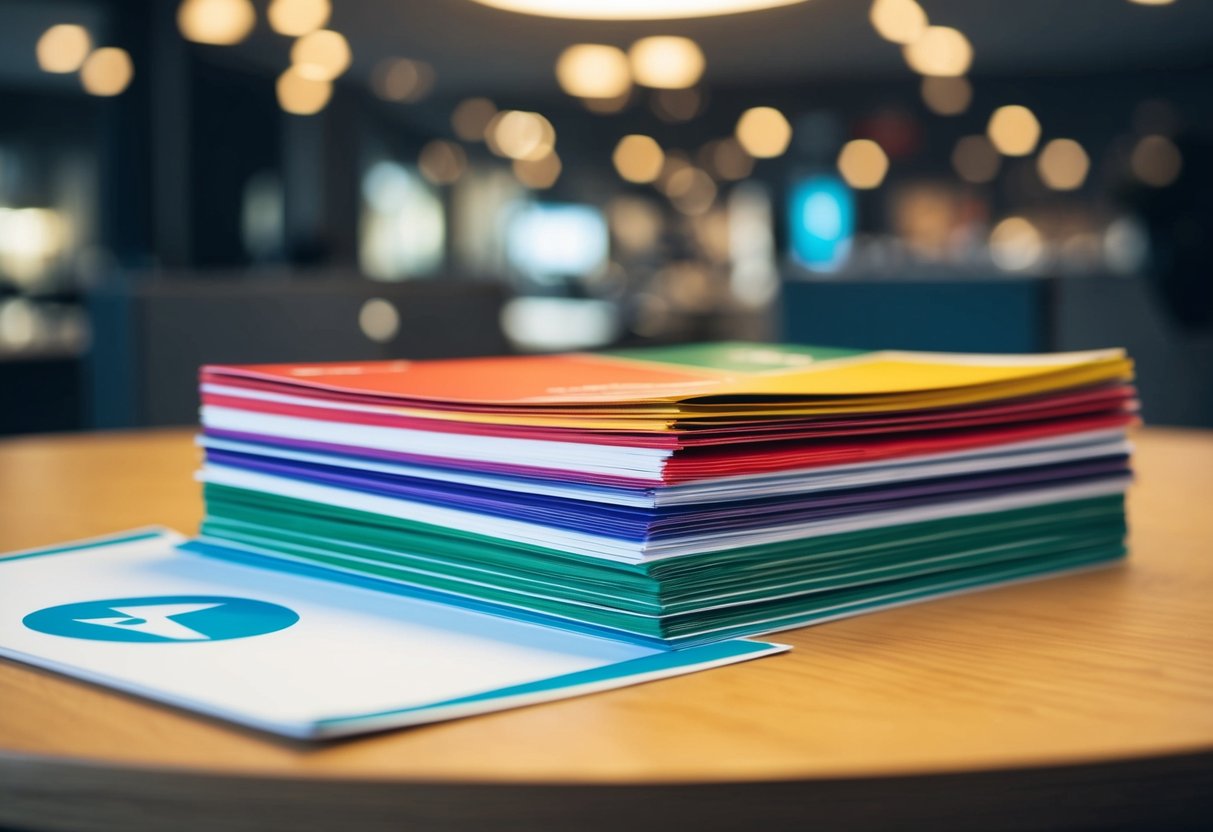 A stack of colorful pamphlets on a table with a logo