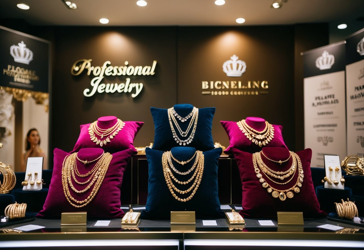 A luxurious display of gold jewelry arranged on velvet cushions under soft spotlighting, surrounded by elegant branding and promotional signage