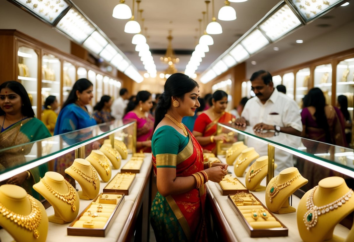 A bustling jewelry store with bright lights, display cases filled with gleaming gold jewelry, and customers browsing the Dhanteras Gold Sale at Malabar Gold promotions