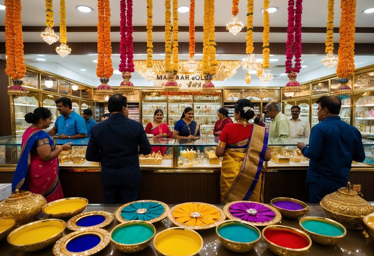 A bustling jewelry store with bright lights, colorful decorations, and customers enjoying Diwali festive discounts on Malabar Gold promotions