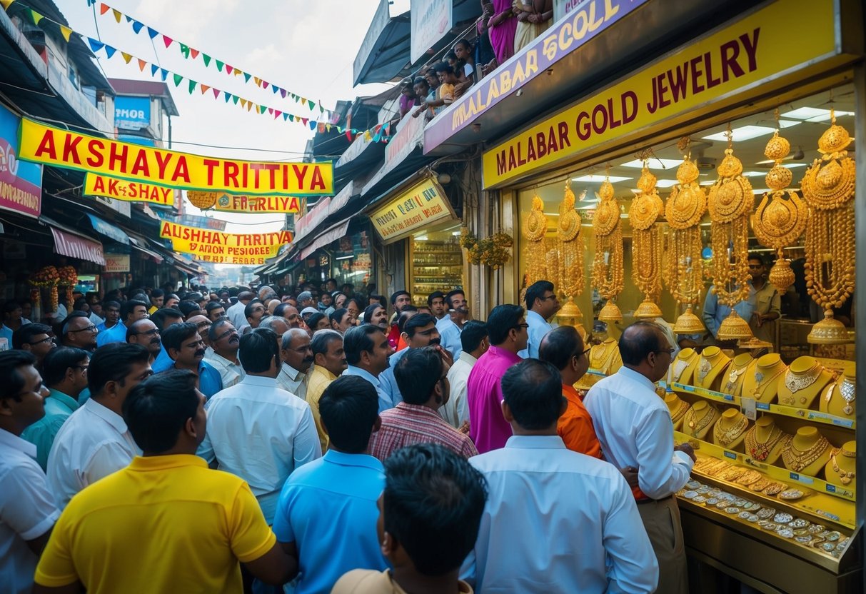 A bustling market street with colorful banners and eager customers crowding around a Malabar Gold jewelry store, attracted by the Akshaya Tritiya special promotions