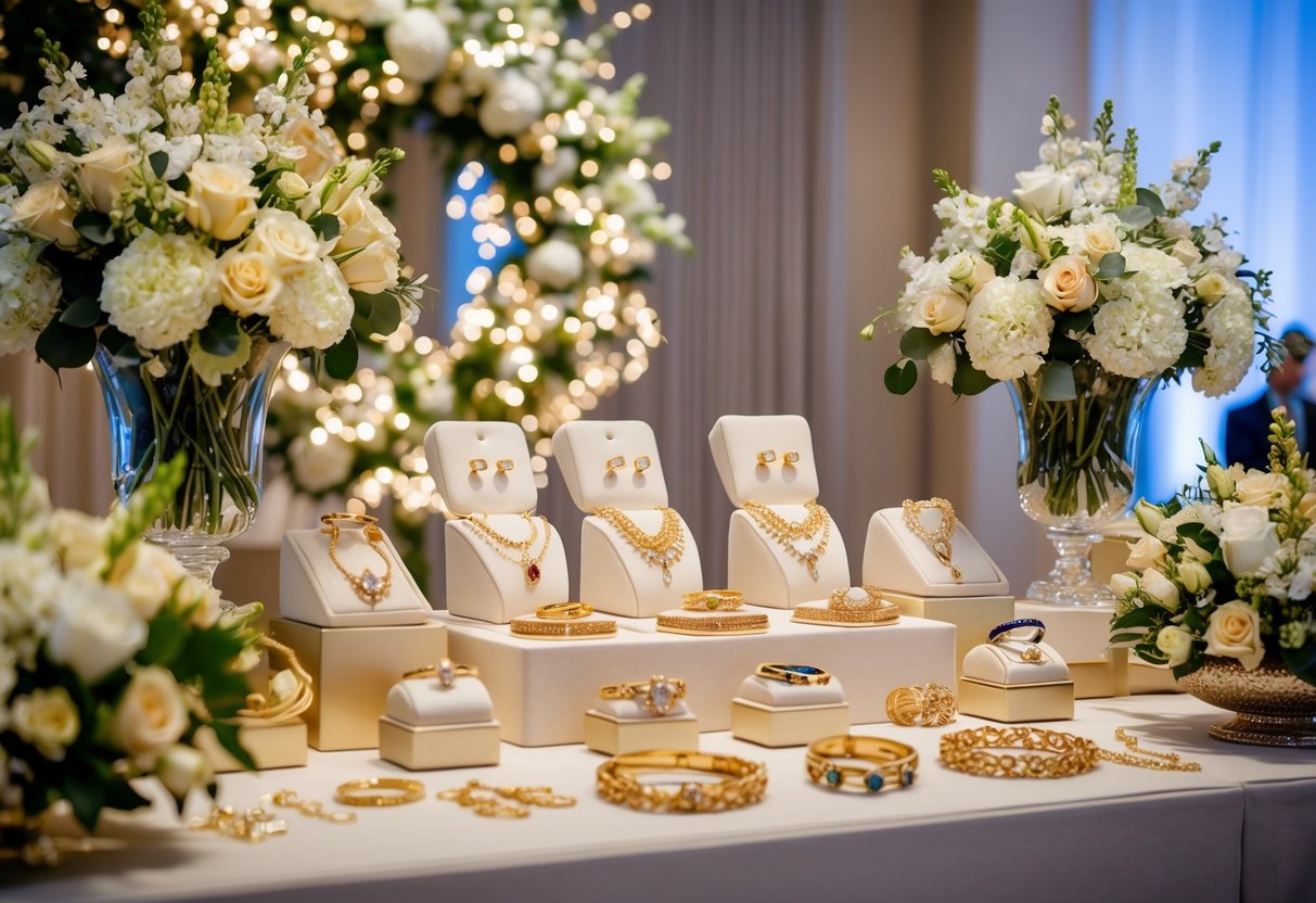 A lavish display of gold jewelry and wedding bands, surrounded by elegant floral arrangements and sparkling lights