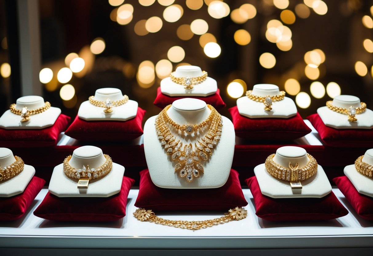 A sparkling display of gold jewelry arranged on velvet cushions under soft lighting