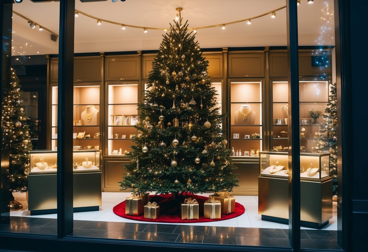 A festive storefront with twinkling lights, a grand Christmas tree, and gold jewelry on display for a holiday sale