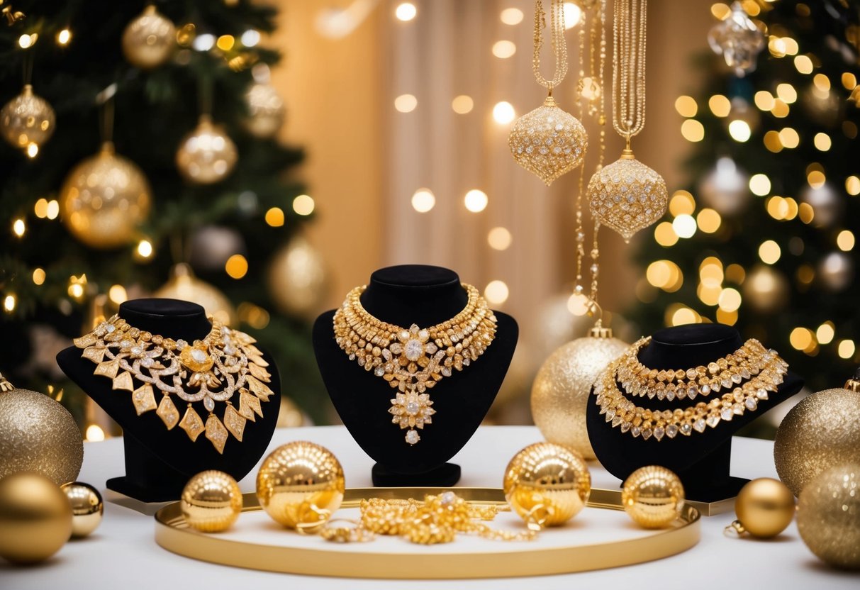 A luxurious display of gold jewelry and ornaments in a festive setting with sparkling decorations and a celebratory atmosphere