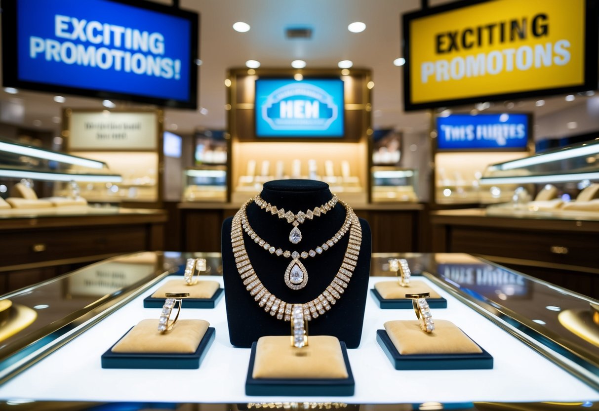 A gleaming jewelry display with shining gold and sparkling gemstones, surrounded by signs advertising exciting promotions