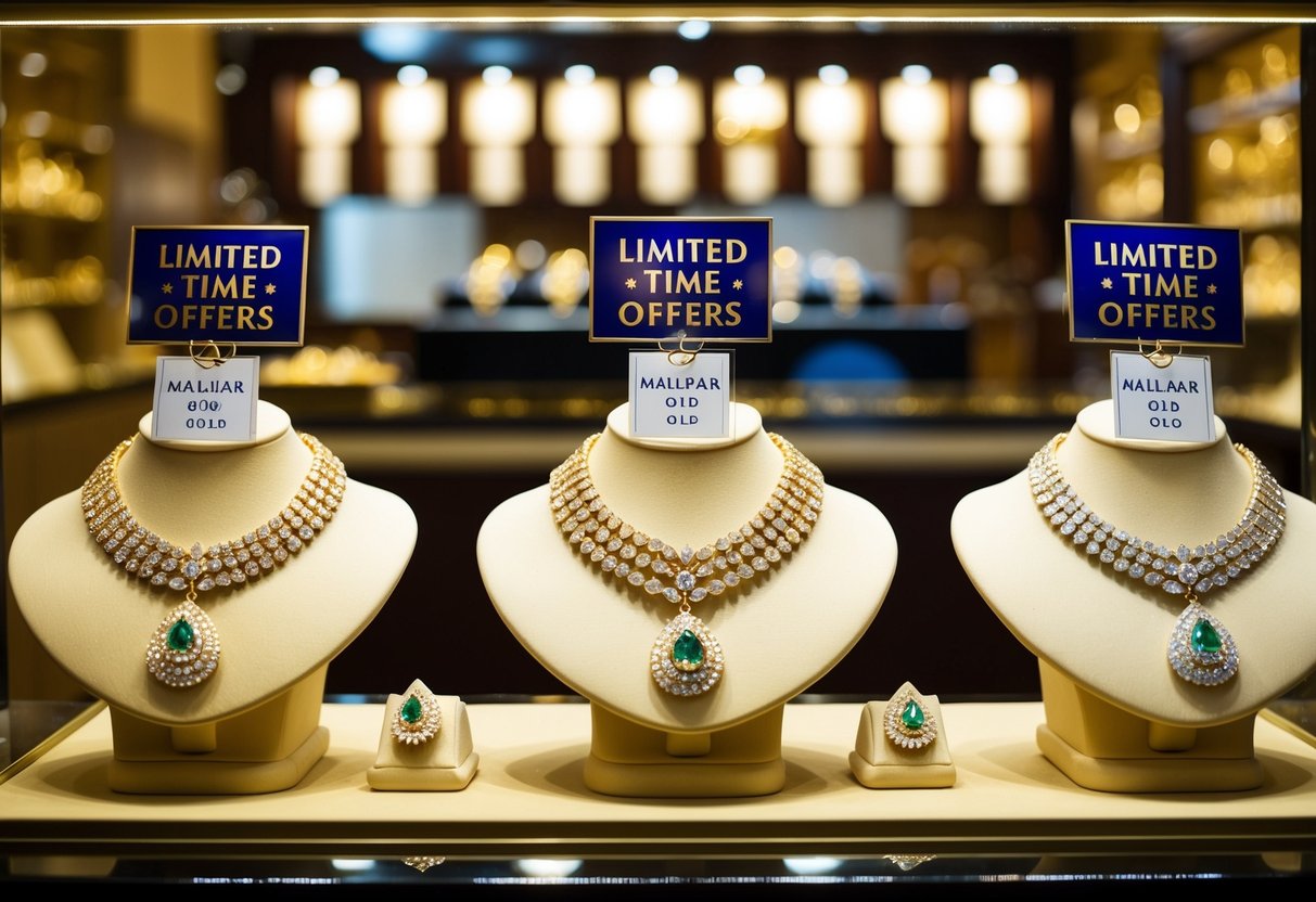 A sparkling display of jewelry with "Limited-Time Offers" signs at a Malabar Gold store