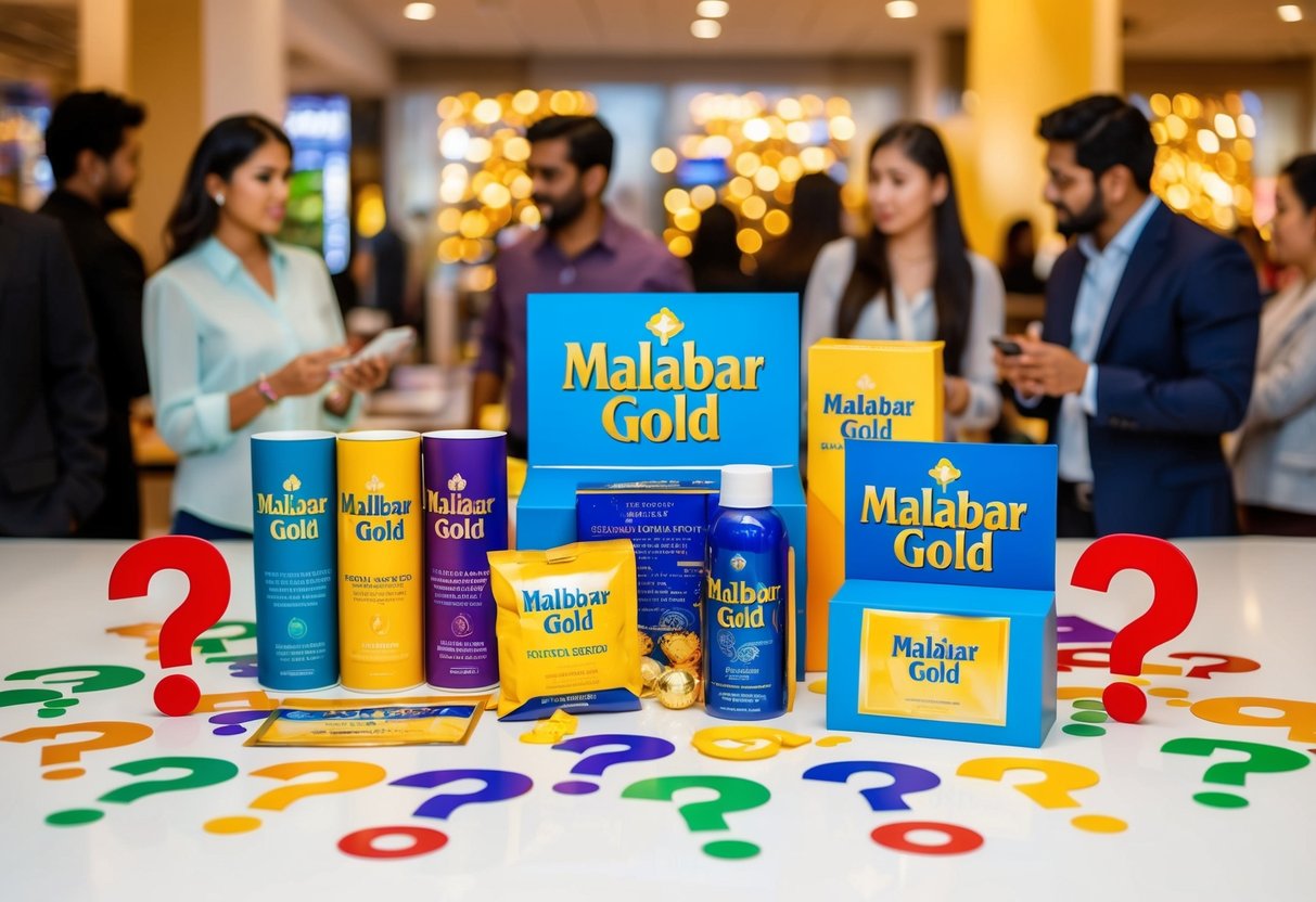 A colorful display of promotional items with the Malabar Gold logo, surrounded by question marks and curious customers