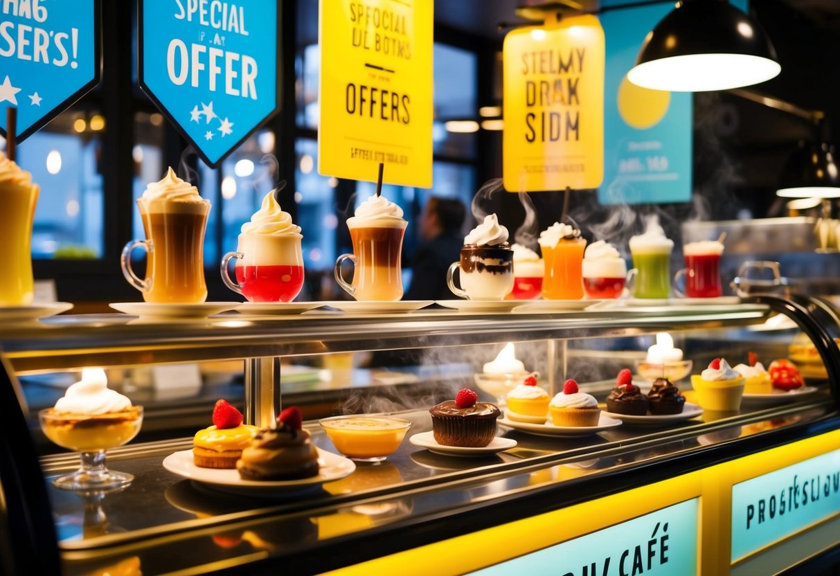 A colorful cafe with steaming drinks and melting desserts on display. Bright signs and banners promote special offers