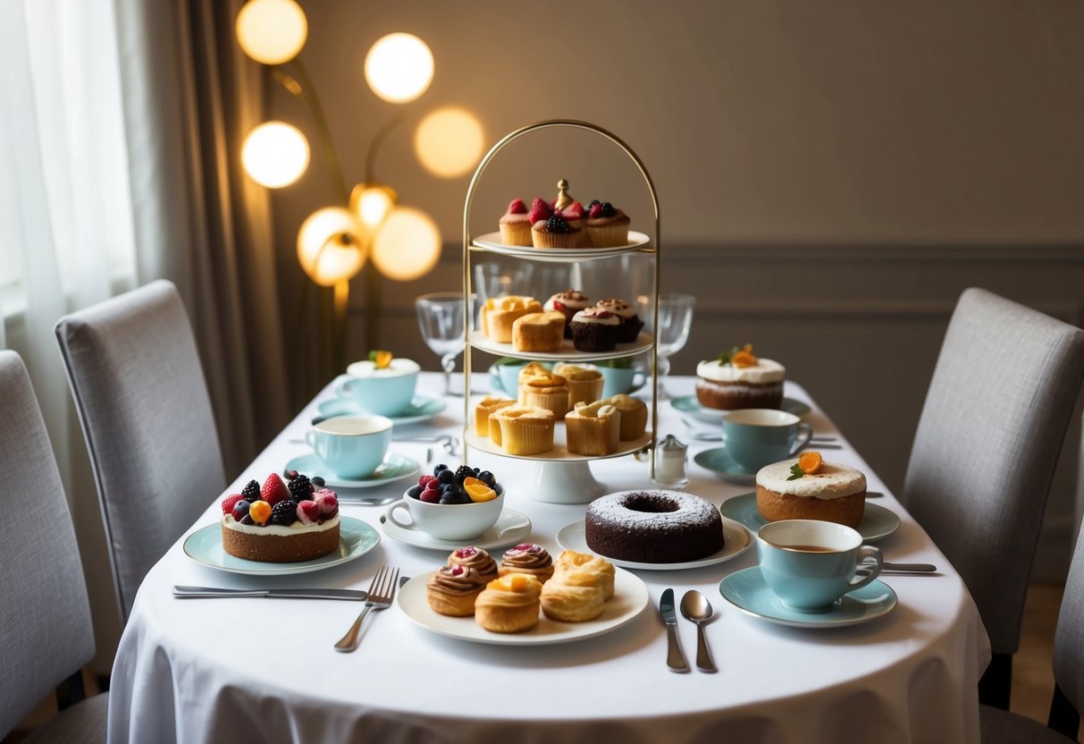 A table set with an assortment of pastries, cakes, and tea cups, surrounded by cozy chairs and soft lighting