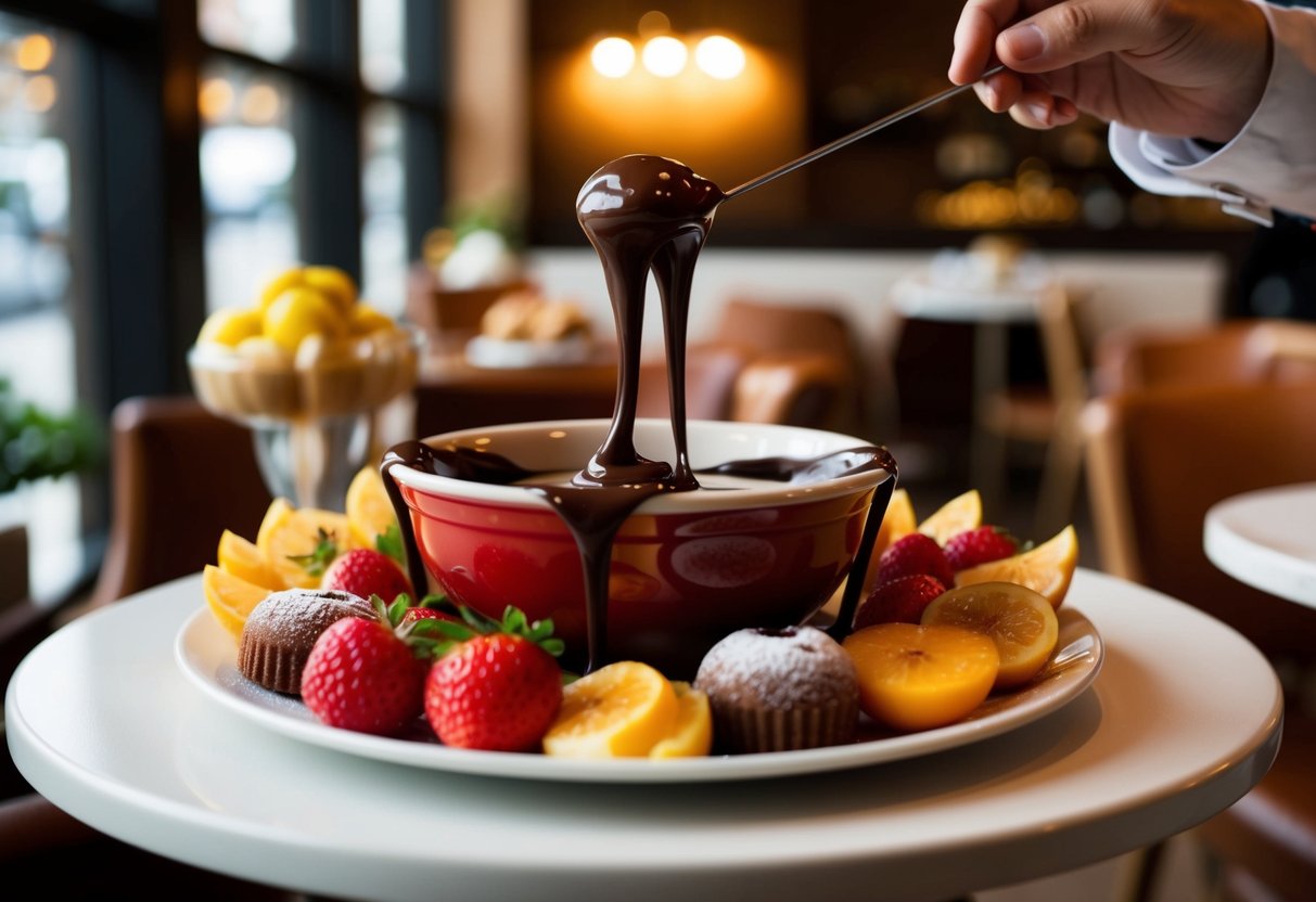 A table adorned with cascading chocolate fondue, surrounded by fruits and pastries, with a warm and inviting cafe atmosphere