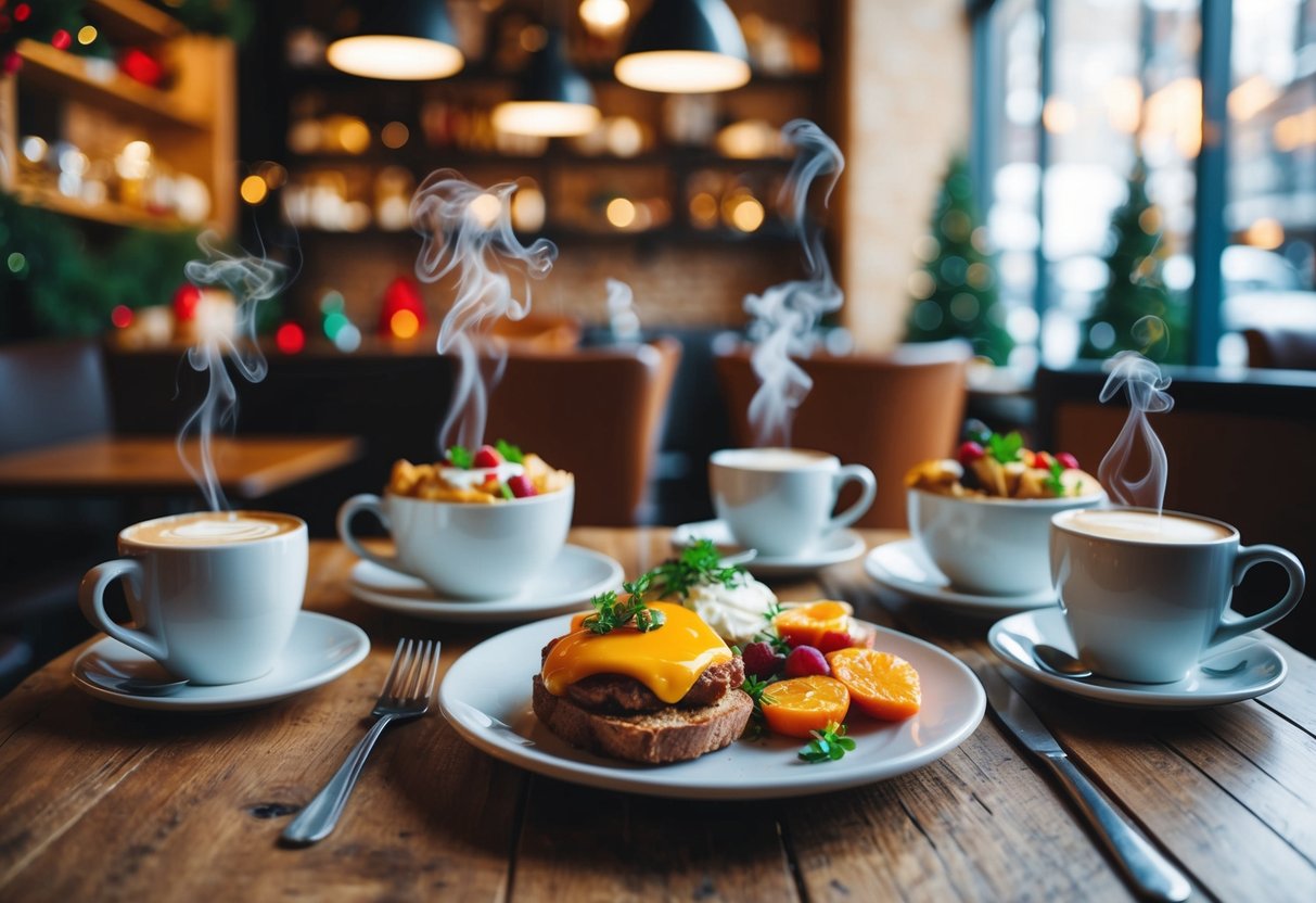 A cozy cafe with holiday decorations, steaming mugs, and festive brunch dishes displayed on a rustic wooden table