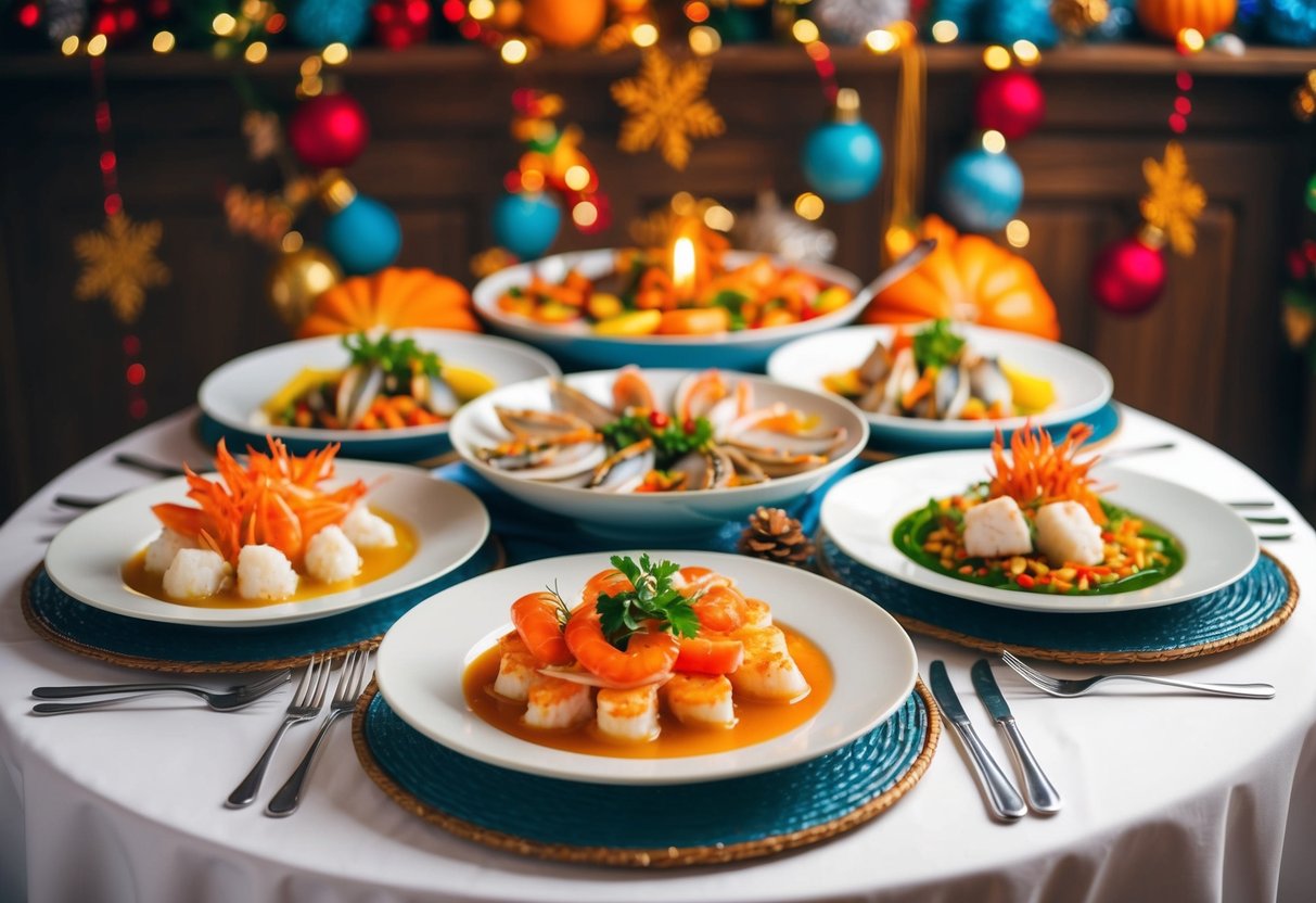 A table set with a variety of fresh seafood dishes, surrounded by colorful seasonal decorations