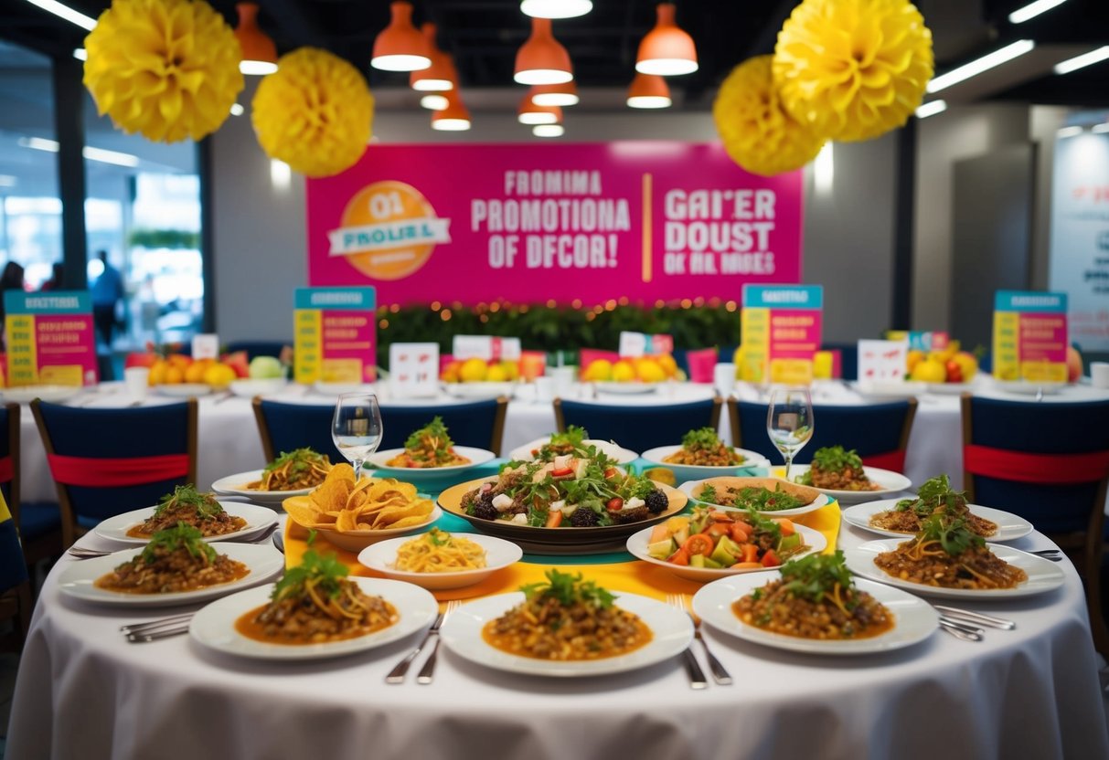 A table set with an array of mouthwatering dishes, surrounded by vibrant promotional decor and signage