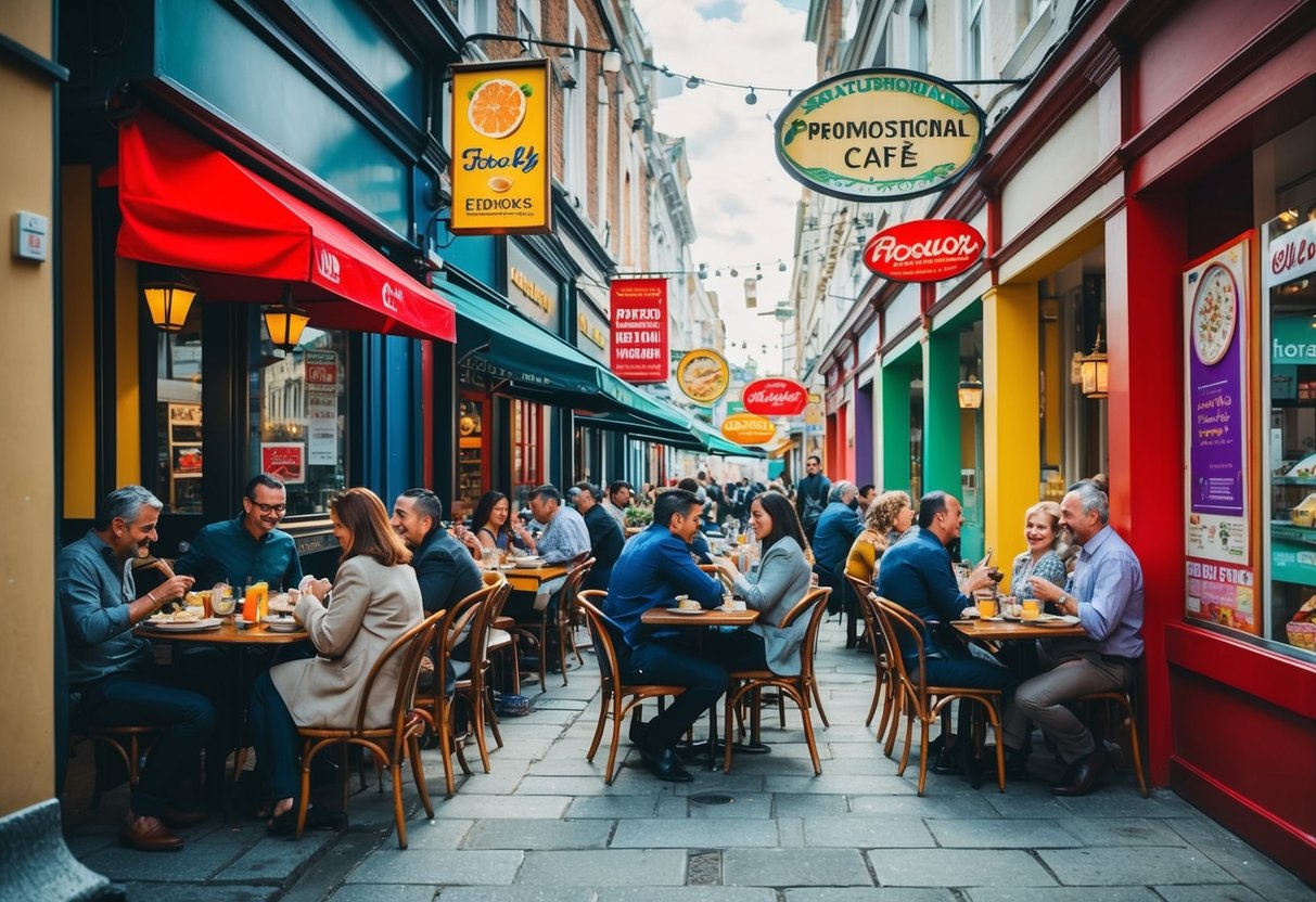 A bustling cafe with families enjoying lunch, colorful promotional signs, and a warm Sunday atmosphere
