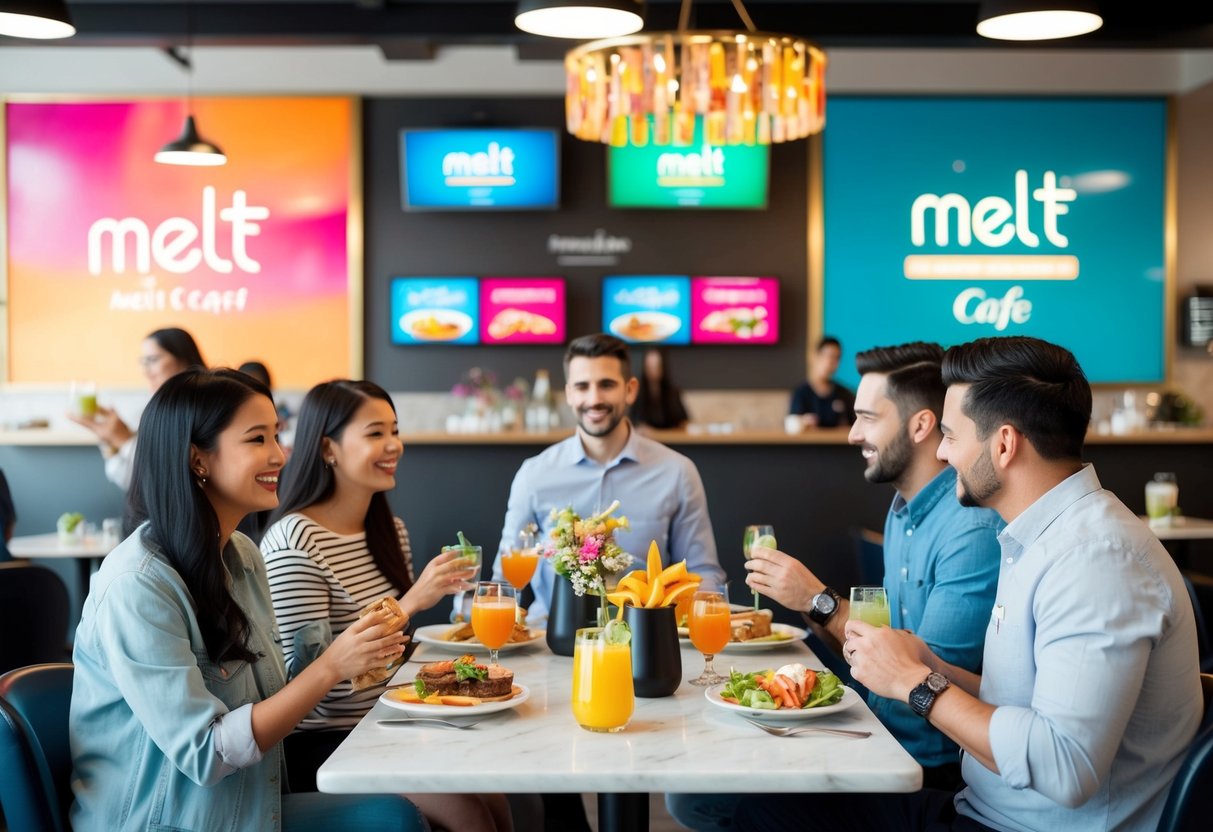 Customers enjoying a variety of food and drink options at Melt Cafe, with colorful promotional displays and a lively atmosphere