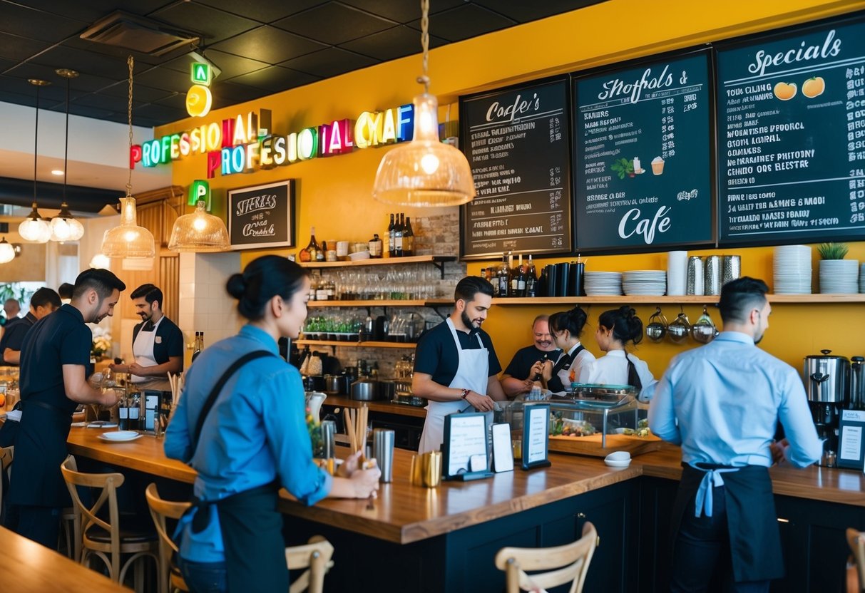 A bustling cafe with colorful signs, people enjoying food and drinks, a chalkboard displaying specials, and staff busy serving customers