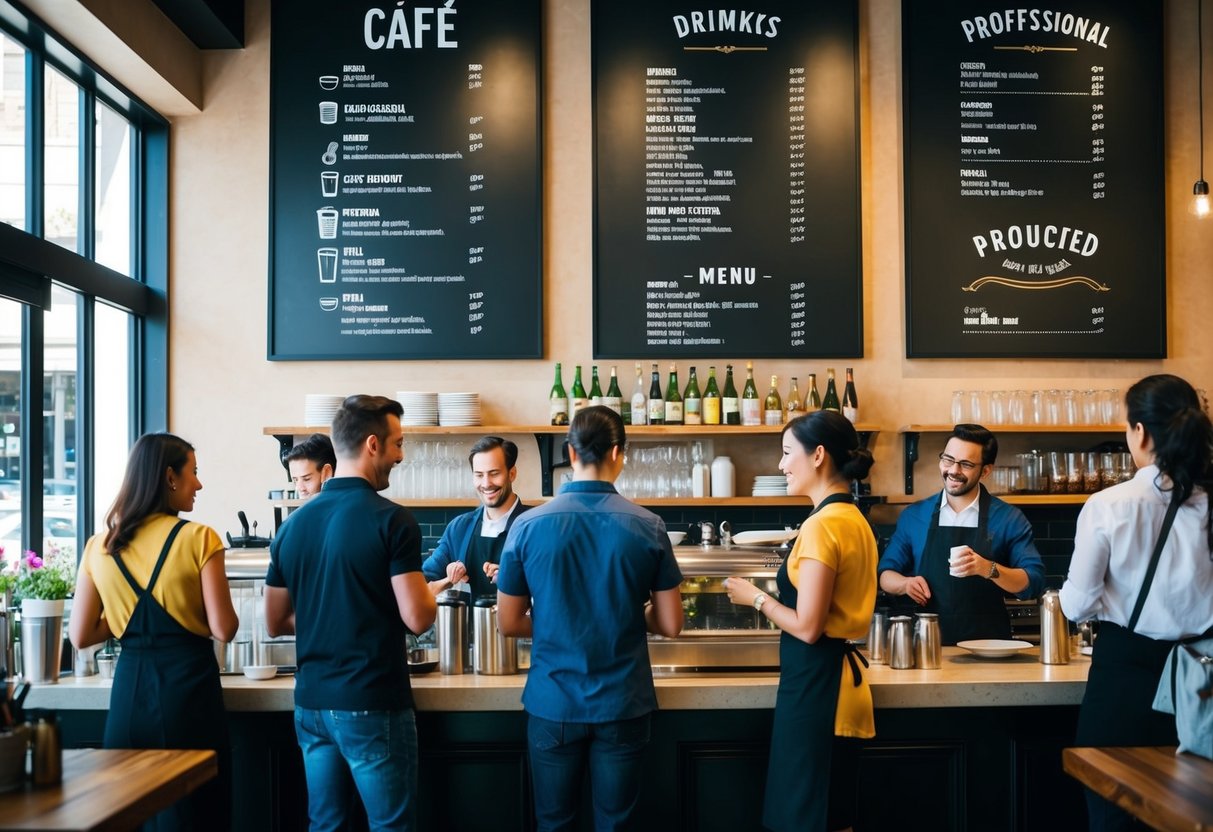 A bustling cafe with a chalkboard menu, customers chatting, and staff preparing drinks