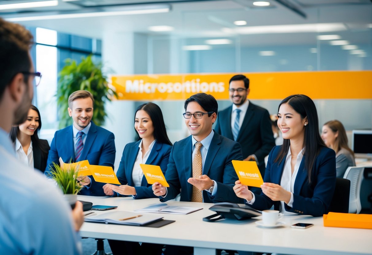 A bustling office with employees receiving Microsoft promotions