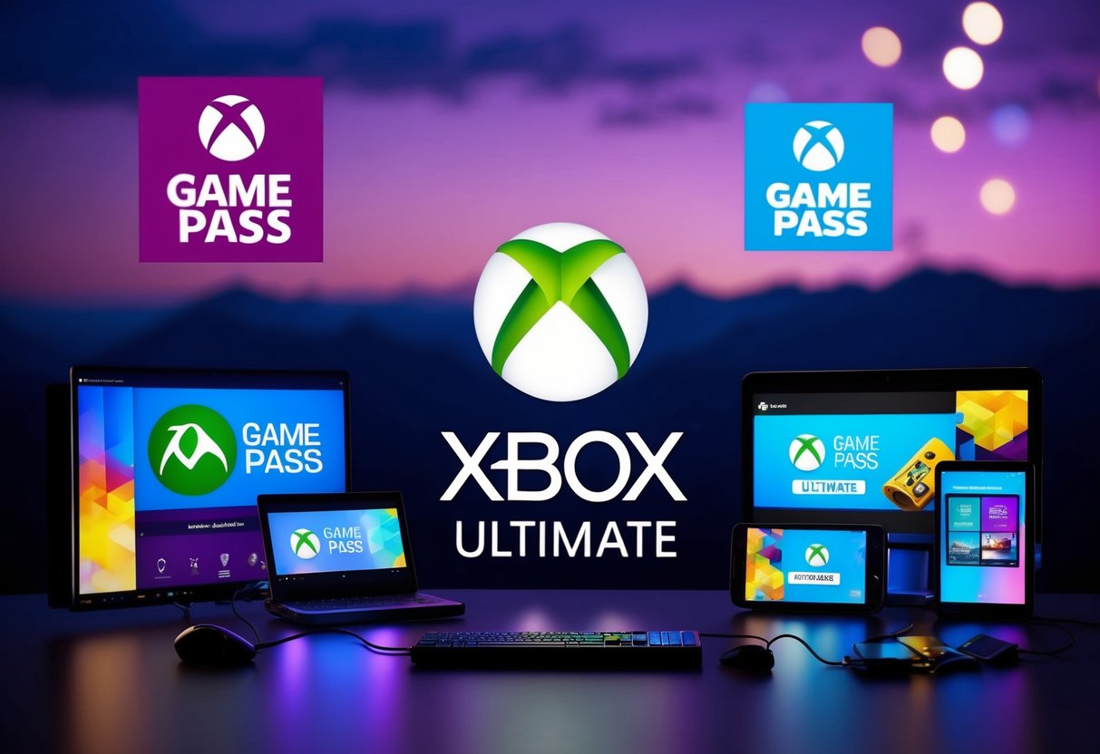 A vibrant digital landscape with Xbox Game Pass Ultimate logos and promotional imagery displayed on various electronic devices
