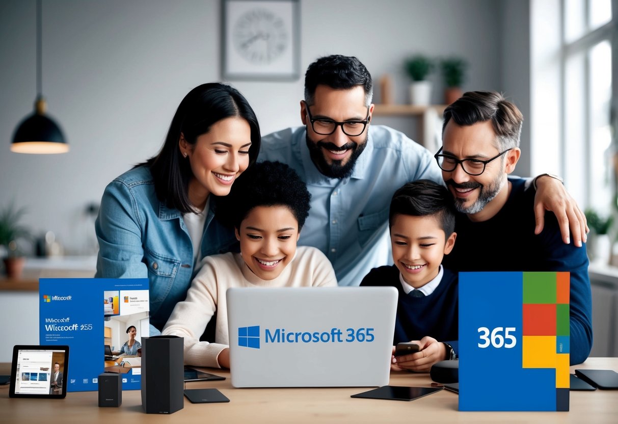 A family using Microsoft 365 together, with various devices and promotional materials around them