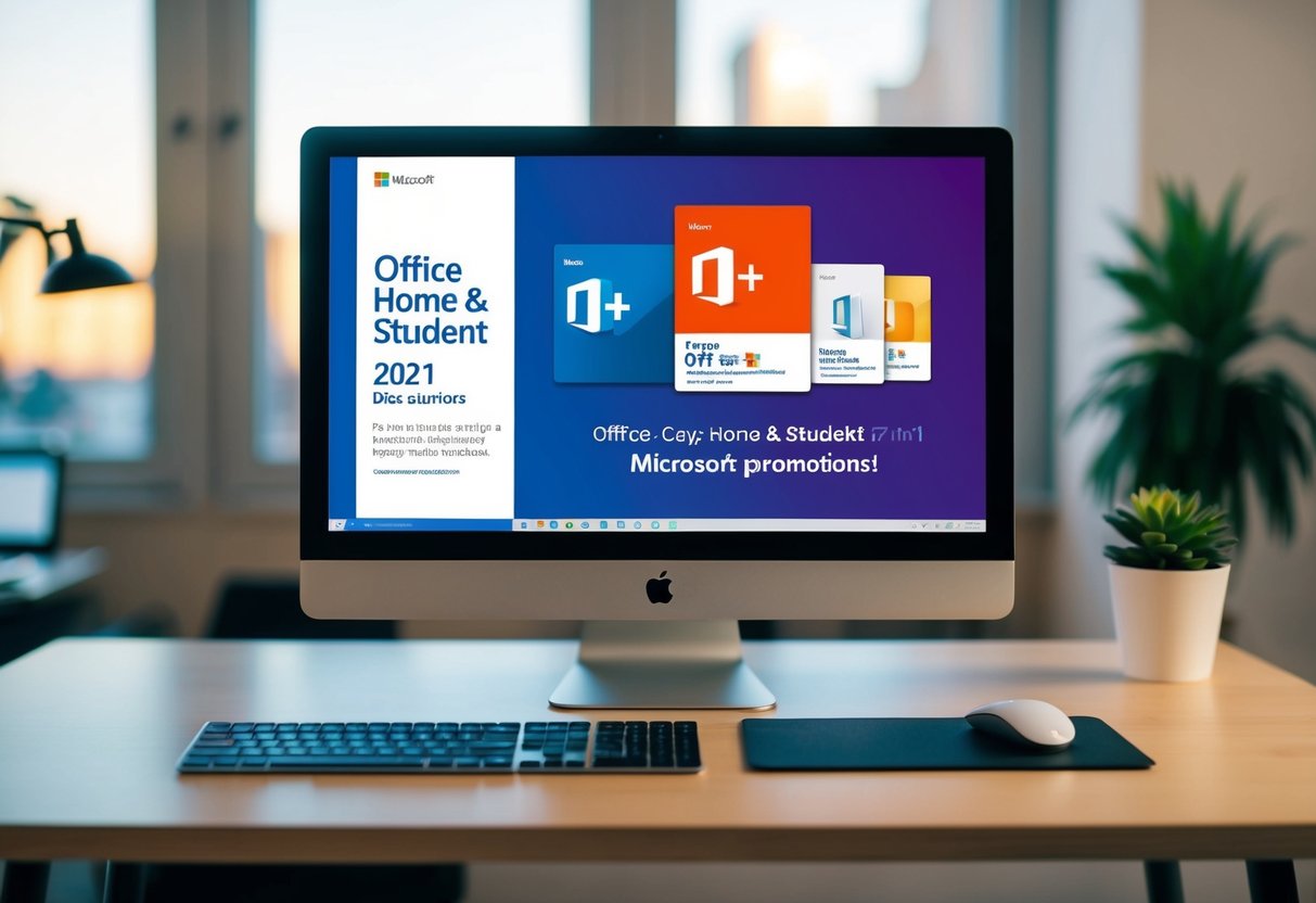 A computer screen displaying the Office Home & Student 2021 Discount Microsoft promotions. A desk with a keyboard and mouse nearby