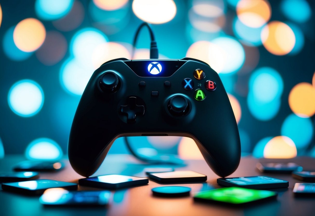A glowing Xbox controller surrounded by digital perks and promotions