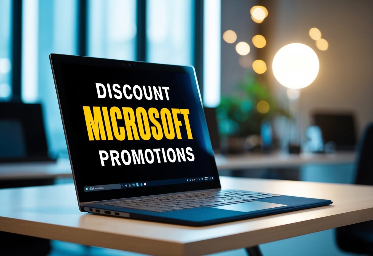 A sleek Surface Laptop Studio on a desk with a prominent "Discount Microsoft Promotions" display