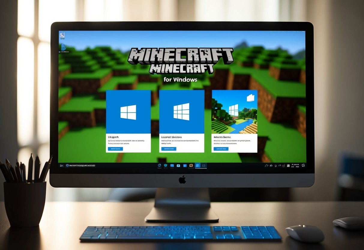 A computer screen displaying Minecraft for Windows with Microsoft promotions