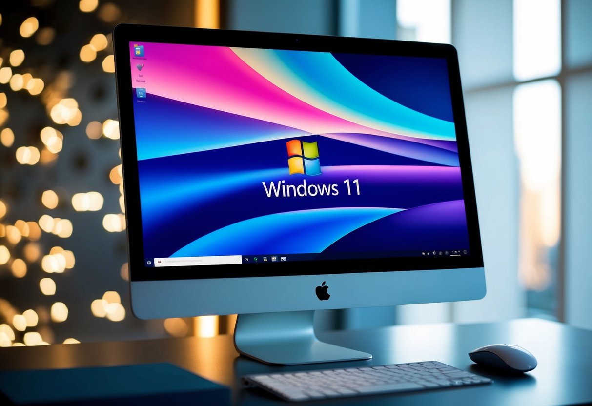 A sleek, modern computer screen displaying vibrant Windows 11 themes with the Microsoft logo prominently featured